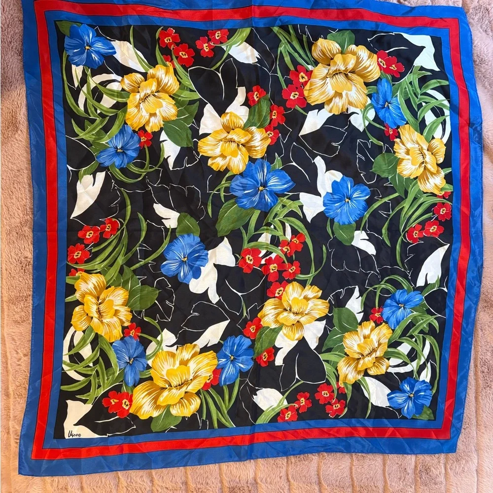 Vera Neumann Floral Silk Scarf in Blue, Red, Black.  One size